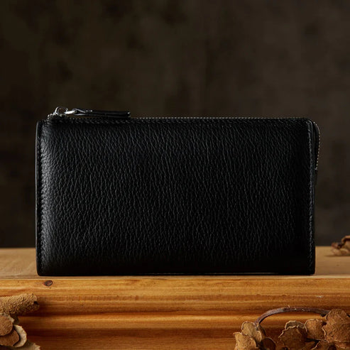 Genuine Cowhide Leather Long Zipper Bag